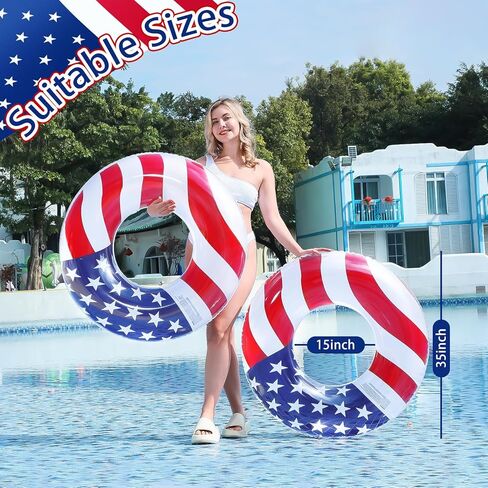 3 Pack Inflatable USA Flag Pool Floats for Kids Adults - 35.5 inch Swim Tubes Rings for Lake Pool Beach, Red White & Blue Pool Floaties Kid Teen Summer Pool Party America Flag Patriotic Toy in Saudi Arabia