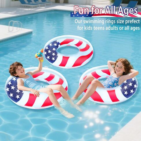 3 Pack Inflatable USA Flag Pool Floats for Kids Adults - 35.5 inch Swim Tubes Rings for Lake Pool Beach, Red White & Blue Pool Floaties Kid Teen Summer Pool Party America Flag Patriotic Toy in Saudi Arabia