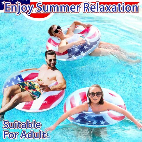 3 Pack Inflatable USA Flag Pool Floats for Kids Adults - 35.5 inch Swim Tubes Rings for Lake Pool Beach, Red White & Blue Pool Floaties Kid Teen Summer Pool Party America Flag Patriotic Toy in Saudi Arabia