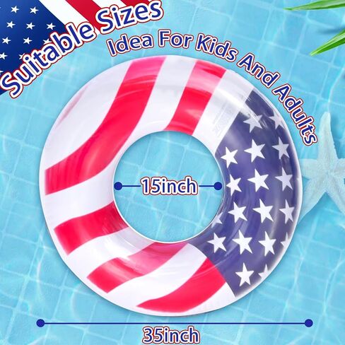 3 Pack Inflatable USA Flag Pool Floats for Kids Adults - 35.5 inch Swim Tubes Rings for Lake Pool Beach, Red White & Blue Pool Floaties Kid Teen Summer Pool Party America Flag Patriotic Toy in Saudi Arabia