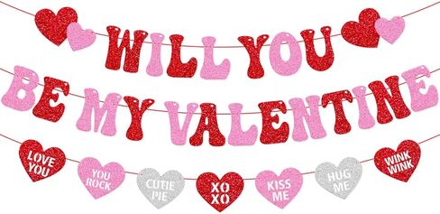 Will You Be My Valentine Banner Be My Valentine Theme Garland Happy Valentine’s Day Banner Glitter Pink Red Valentine’s Day Decorations Engagement Wedding Anniversary Party Supplies in Kuwait