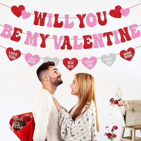 Will You Be My Valentine Banner Be My Valentine Theme Garland Happy Valentine’s Day Banner Glitter Pink Red Valentine’s Day Decorations Engagement Wedding Anniversary Party Supplies in Kuwait