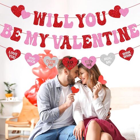 Will You Be My Valentine Banner Be My Valentine Theme Garland Happy Valentine’s Day Banner Glitter Pink Red Valentine’s Day Decorations Engagement Wedding Anniversary Party Supplies in Kuwait