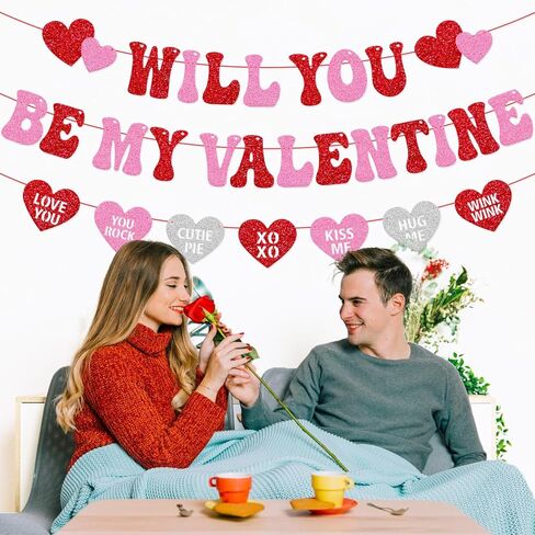 Will You Be My Valentine Banner Be My Valentine Theme Garland Happy Valentine’s Day Banner Glitter Pink Red Valentine’s Day Decorations Engagement Wedding Anniversary Party Supplies in Kuwait