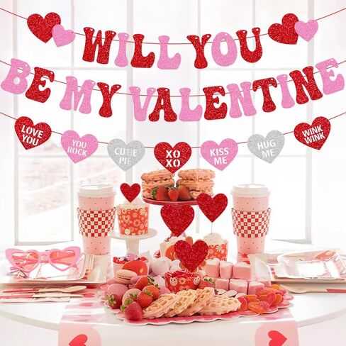 Will You Be My Valentine Banner Be My Valentine Theme Garland Happy Valentine’s Day Banner Glitter Pink Red Valentine’s Day Decorations Engagement Wedding Anniversary Party Supplies in Kuwait