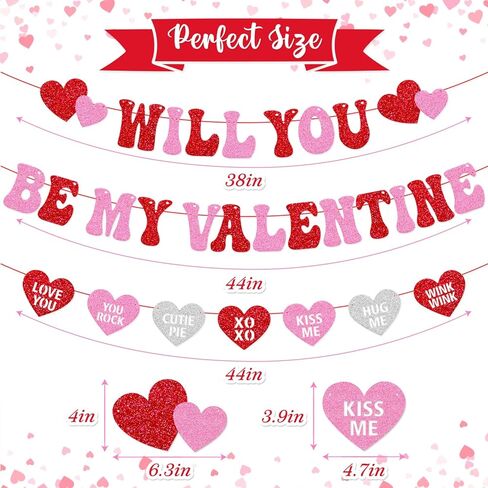 Will You Be My Valentine Banner Be My Valentine Theme Garland Happy Valentine’s Day Banner Glitter Pink Red Valentine’s Day Decorations Engagement Wedding Anniversary Party Supplies in Kuwait