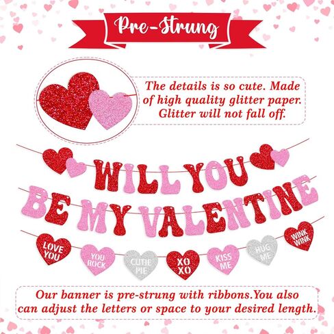 Will You Be My Valentine Banner Be My Valentine Theme Garland Happy Valentine’s Day Banner Glitter Pink Red Valentine’s Day Decorations Engagement Wedding Anniversary Party Supplies in Kuwait