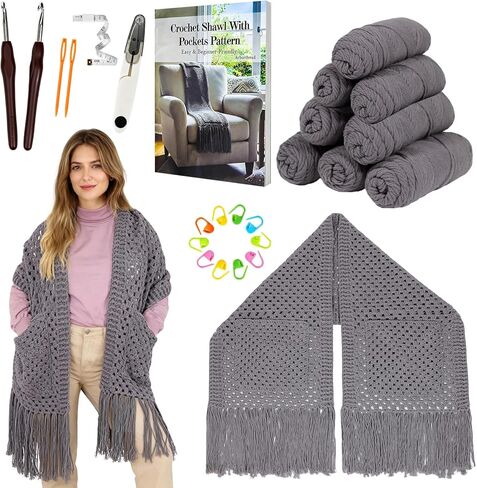 طقم كروشيه Arborthread للمبتدئين، طقم شال ووشاح كروشيه سهل الجيب للبالغين مع خيوط فاخرة وافرة لتناسب أحجام مختلفة، فيديو وتعليمات خطوة بخطوة، رمادي in Kuwait