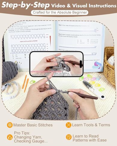 طقم كروشيه Arborthread للمبتدئين، طقم شال ووشاح كروشيه سهل الجيب للبالغين مع خيوط فاخرة وافرة لتناسب أحجام مختلفة، فيديو وتعليمات خطوة بخطوة، رمادي in Kuwait