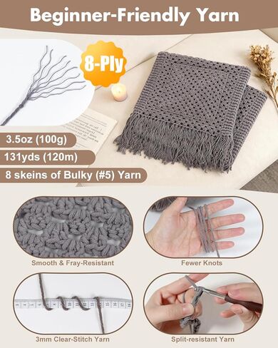 طقم كروشيه Arborthread للمبتدئين، طقم شال ووشاح كروشيه سهل الجيب للبالغين مع خيوط فاخرة وافرة لتناسب أحجام مختلفة، فيديو وتعليمات خطوة بخطوة، رمادي in Kuwait