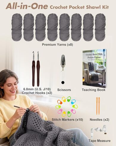 طقم كروشيه Arborthread للمبتدئين، طقم شال ووشاح كروشيه سهل الجيب للبالغين مع خيوط فاخرة وافرة لتناسب أحجام مختلفة، فيديو وتعليمات خطوة بخطوة، رمادي in Kuwait