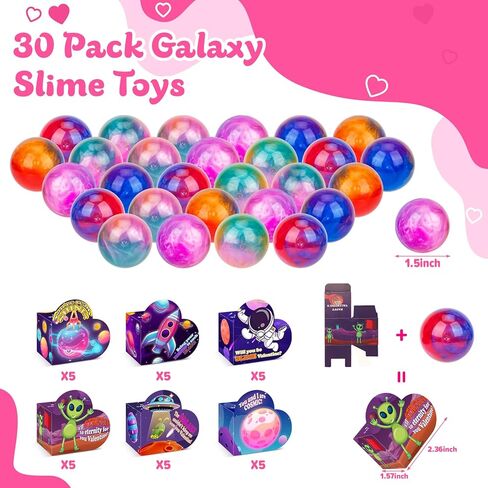 30 Pack Valentines Day Gifts for Kids Classroom - Galaxy Slime Valentines for Kids with Valentine Day Cards for School, Class Valentine's Day Exchange Gifts in Saudi Arabia