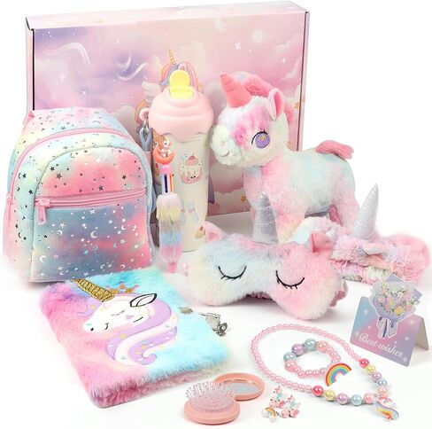 Unicorn Toys Gifts for Girls 4 5 6 7 8 9 10Years Old with Plush Toy Backpack 316 Stainless Steel Water Bottle Jewelry (Necklace Bracelet) Diary with Lock for Girls Sleep Mask Hair Accessories in Saudi Arabia