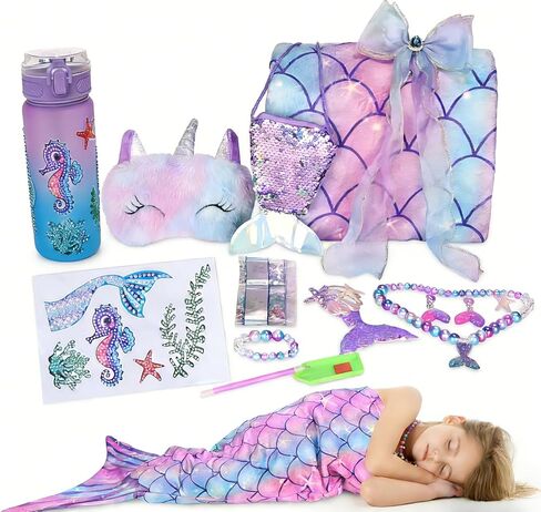 Mermaid Tail Blanket for Girls Valentine's Day Easter Gifts for Girl Birthday Diamond Art Kits with Soft Wearable Blanket Water Bottle in Saudi Arabia