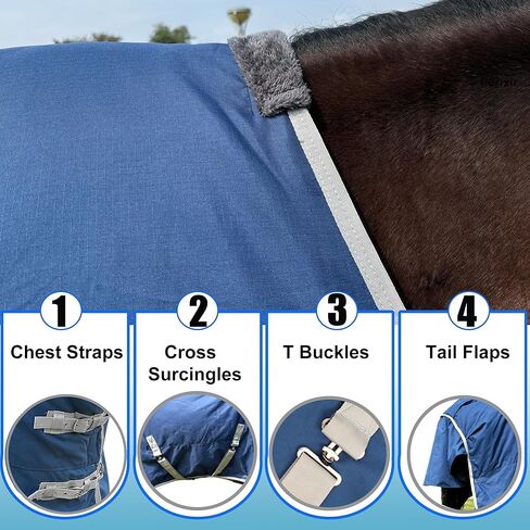 Horse Turnout Blanket, Medium Weight Winter Blanket for Horses, 220g Filling,1200 Denier Waterproof &Breathable/Detachable Neck Cover (Navy Blue, US78IN(EU145CM)) in Saudi Arabia