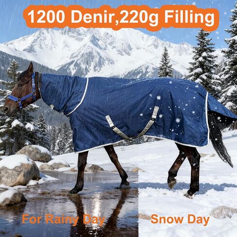 Horse Turnout Blanket, Medium Weight Winter Blanket for Horses, 220g Filling,1200 Denier Waterproof &Breathable/Detachable Neck Cover (Navy Blue, US78IN(EU145CM)) in Saudi Arabia