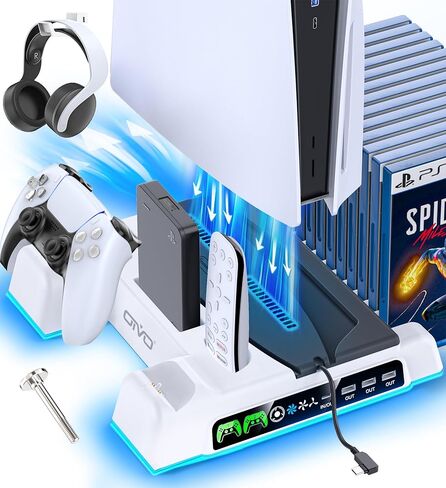 حامل PS5/Slim/Pro ومحطة تبريد مع محطة شحن وحدة تحكم LED لوحدة تحكم PlayStation 5، شاحن وحدة التحكم، حامل تبريد، مجموعة ملحقات PS5/Slim/Pro مع مروحة تبريد ثلاثية المستويات in Kuwait