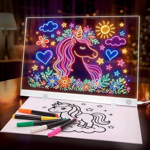 لوحة رسم LED للأطفال، لوحة ملاحظات قابلة للمسح الجاف من الأكريليك مقاس 16.5 بوصة مع 12 تأثيرًا ضوئيًا، لوحة رسومات الشعار المبتكرة المتوهجة مع 7 أقلام تحديد، هدية عيد ميلاد للأطفال in Saudi Arabia