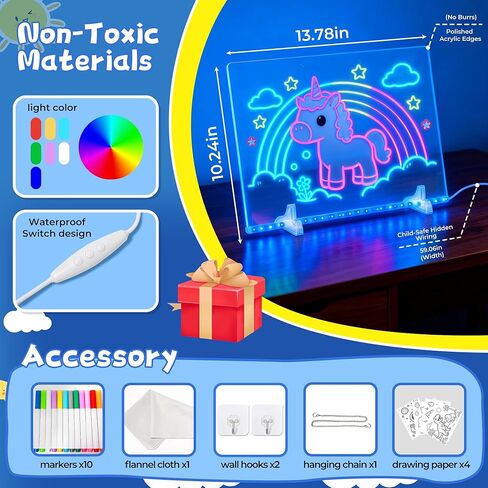 لوحة رسم بإضاءة ليد من الأكريليك للأطفال من ويل كيدز، لوحة رسم مضيئة متوهجة مقاس 13.7 × 10.2 بوصة تعمل بمنفذ USB مع 10 تأثيرات ضوئية و7 ألوان مع أقلام تحديد، هدية تابلت للكتابة نيون للأطفال in Kuwait