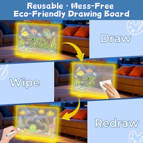 لوحة رسم بإضاءة ليد من الأكريليك للأطفال من ويل كيدز، لوحة رسم مضيئة متوهجة مقاس 13.7 × 10.2 بوصة تعمل بمنفذ USB مع 10 تأثيرات ضوئية و7 ألوان مع أقلام تحديد، هدية تابلت للكتابة نيون للأطفال in Kuwait