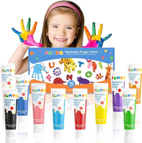Funto Kids Washable Finger Paint Set, 25 PCS Non Toxic Art Painting Supplies for Baby, Includes Finger Paint Paper Roll, Brush Set, Arts Crafts for Toddlers Age 1-3 in Kuwait