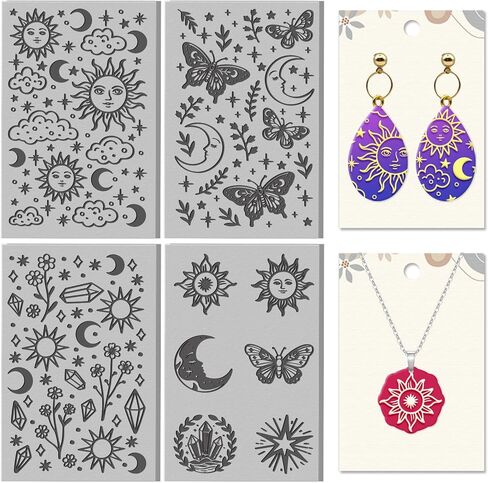 CHGCRAFT 4 Sheets Sun and Moon Divination Elements Clay Texture Mat Flowers Pattern Polymer Clay Texture Sheets DIY Tools for Pottery Earring Jewelry Making Stamp Engraving Machines, 3.9x2.6inch in Saudi Arabia
