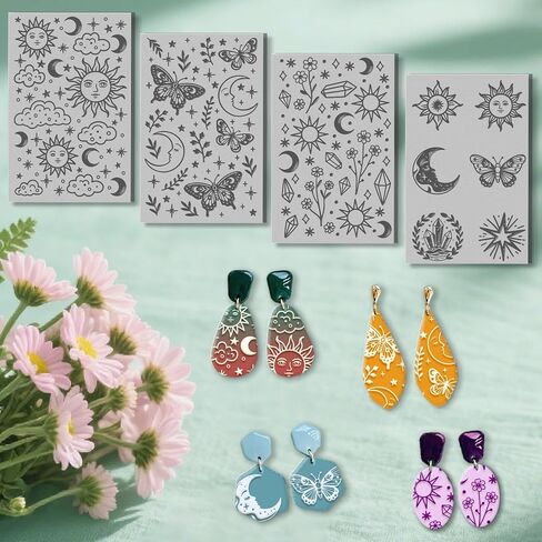 CHGCRAFT 4 Sheets Sun and Moon Divination Elements Clay Texture Mat Flowers Pattern Polymer Clay Texture Sheets DIY Tools for Pottery Earring Jewelry Making Stamp Engraving Machines, 3.9x2.6inch in Saudi Arabia
