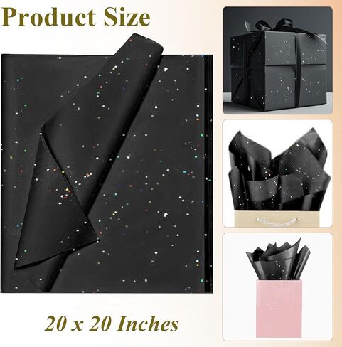 Black Glitter Tissue Paper for Gift Bags 36 Sheets 20 x 20 Inch - Recyclable Wrapping Paper for Weddings, Birthdays, Party & Festival Decorations DIY Craft Supplies in Saudi Arabia