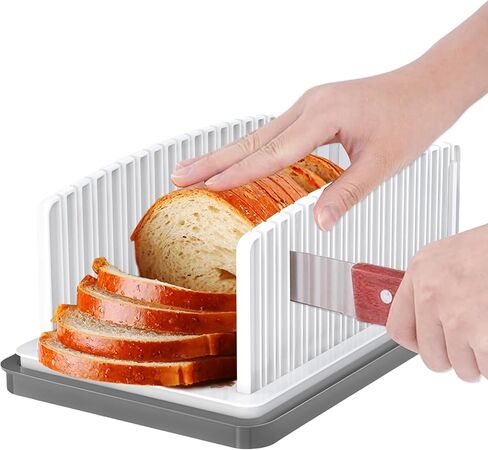 Upgraded Bread Slicer for Toast & Cheese - Adjustable Width Guide, Foldable & Compact, Grey Tray Base, Crumb Tray, Slice Homemade Bread Loaves in Saudi Arabia