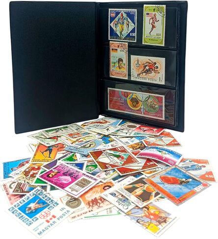 IMPACTO COLECCIONABLES – 100 Olympic Games-Themed Stamps Collection with Included Album (5.5 x 7 x 0.4 in) | Enhance your philatelic collection with postmarked stamps in a compact and elegant album in Kuwait