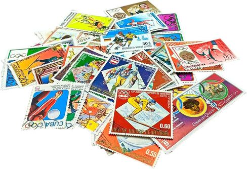 IMPACTO COLECCIONABLES – 100 Olympic Games-Themed Stamps Collection with Included Album (5.5 x 7 x 0.4 in) | Enhance your philatelic collection with postmarked stamps in a compact and elegant album in Kuwait