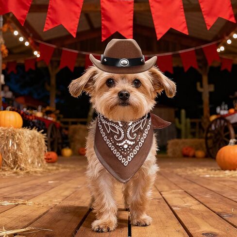 Cowboy Costume Set for Small Dog Cat Pet Mini Cowboy Hat with Bandana for Halloween Holiday Party Cosplay (Brown) in Saudi Arabia