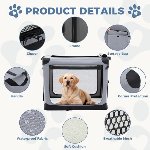 DUMOS Dog Crate 42 Inch Travel Cat Pet Carrier for Extra Large Dog, Portable Foldable Soft Pet Crate with Storage Bag & Washable Pad for Indoor Outdoor Dog Kennel Carrier (XL-80lbs, Grey) in Kuwait