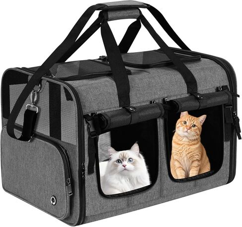 Cat Carrier for 2 Cats, Foldable Double Cat and Dog Carrier, Small to Medium Size, 2 Front Zippered Compartments,Two Pets Carrier for Travel,Mulitple Cat Carrier (Dark Gray with Flat Pocket) in Kuwait