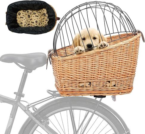 Rear Bike Basket for Dogs, Wicker Pet Bicycle Carrier for Small Dog Cat with Protective Grille Liner Eco Friendly Natural Rattan Doggy Back Luggage Rack Seat (Brown Style1) in Saudi Arabia