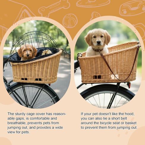 Rear Bike Basket for Dogs, Wicker Pet Bicycle Carrier for Small Dog Cat with Protective Grille Liner Eco Friendly Natural Rattan Doggy Back Luggage Rack Seat (Brown Style1) in Saudi Arabia