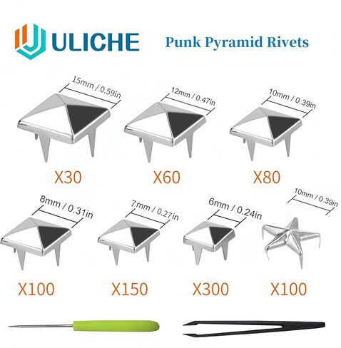 Uliche 820 قطعة هرم مربع ونجوم رباعية الفك للملابس، طقم برشام فاسق، مسامير ومسامير لإكسسوارات الجلود، ديكور حرفي DIY لأحزمة الملابس على طراز الشرير وحقائب الأحذية وطوق الكلب in Kuwait