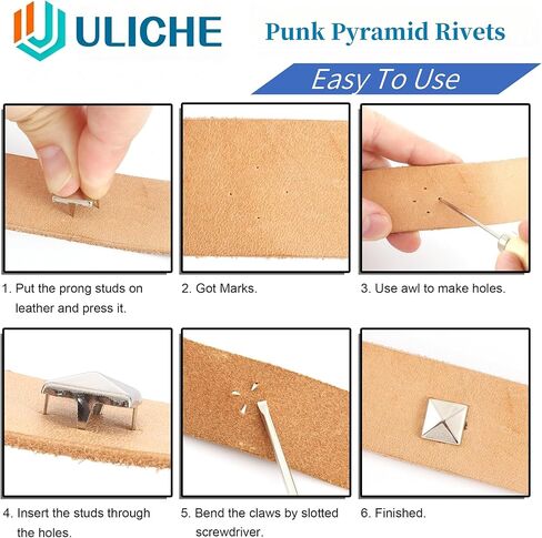 Uliche 820 قطعة هرم مربع ونجوم رباعية الفك للملابس، طقم برشام فاسق، مسامير ومسامير لإكسسوارات الجلود، ديكور حرفي DIY لأحزمة الملابس على طراز الشرير وحقائب الأحذية وطوق الكلب in Kuwait