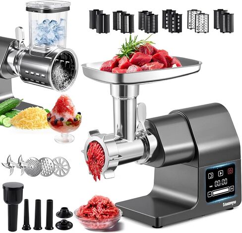 Electric Meat Grinder 2000W Heavy Duty, Touchscreen Control with Ice Shaver, Veggie Shredder, 2 Blades, 3 Plates, Sausage Stuffer & Kubbe Kit, #10 Size for Home Use in Kuwait