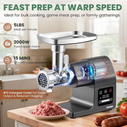 Electric Meat Grinder 2000W Heavy Duty, Touchscreen Control with Ice Shaver, Veggie Shredder, 2 Blades, 3 Plates, Sausage Stuffer & Kubbe Kit, #10 Size for Home Use in Kuwait