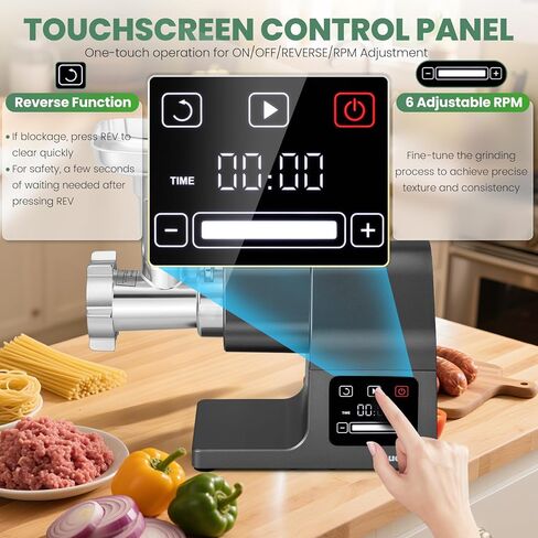 Electric Meat Grinder 2000W Heavy Duty, Touchscreen Control with Ice Shaver, Veggie Shredder, 2 Blades, 3 Plates, Sausage Stuffer & Kubbe Kit, #10 Size for Home Use in Kuwait