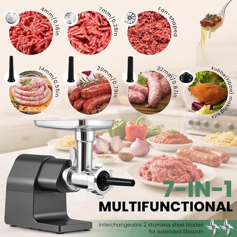 Electric Meat Grinder 2000W Heavy Duty, Touchscreen Control with Ice Shaver, Veggie Shredder, 2 Blades, 3 Plates, Sausage Stuffer & Kubbe Kit, #10 Size for Home Use in Kuwait