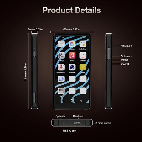 مشغل Diyeeni MP3 مع بلوتوث وواي فاي، ومساحة تخزين 64 جيجابايت ونظام تشغيل Android 12، وشاشة لمس عالية الدقة 4.99 بوصة، ومشغل MP3 Android MP4 للأطفال مع Spotify، Libby in Kuwait