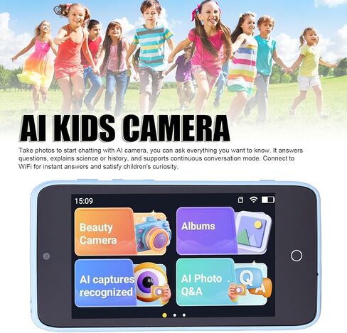 AI Kids Camera, 2MP 5MP Dual Lens Object Recognition Voice Dialogue 4 Inch Touch Screen Digital Camera MP3 Player, 16GB Storage 2000mAh Battery, Boys and Girls (Blue) in Saudi Arabia