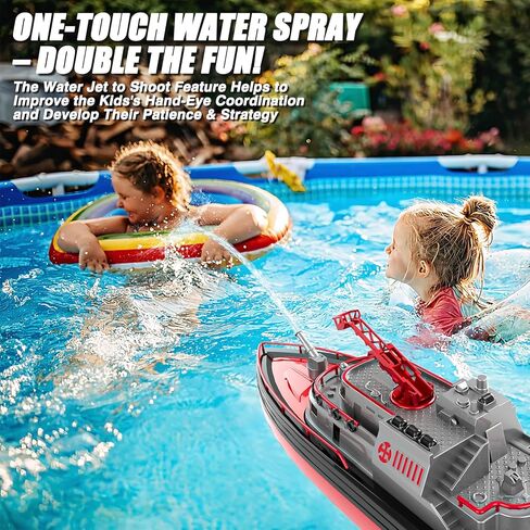 Cheerwing RC Boat, Remote Control Fireboat Firefighter for Kids, One-Key Water Spary, 2 Batteries for 40 Mins Run Time, 15KM/H High Speed Pool Toys for Boys Girls and Adult in Kuwait