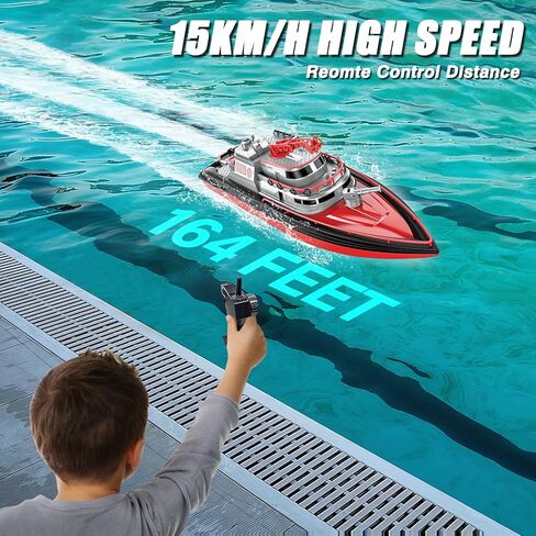 Cheerwing RC Boat, Remote Control Fireboat Firefighter for Kids, One-Key Water Spary, 2 Batteries for 40 Mins Run Time, 15KM/H High Speed Pool Toys for Boys Girls and Adult in Kuwait