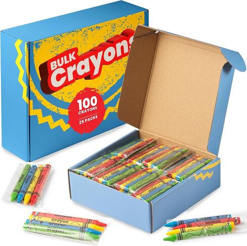 Bulk Crayons 100 Pack (25 Sets of 4) - Individually Wrapped Crayons Party Favors for Kids, Restaurants, Classrooms, Birthday Goodie Bags, School Supplies, Travel, Toddler Coloring Fun, Non-Toxic Wax in Saudi Arabia