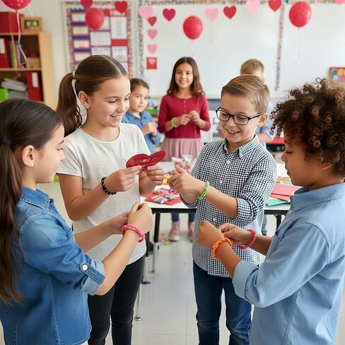 Valentines Day Cards for Kids School: 48 Packs Valentines Day Gifts for Kids Friendship Bracelets with Cards from Teacher Party Favors Classroom Exchange in Saudi Arabia