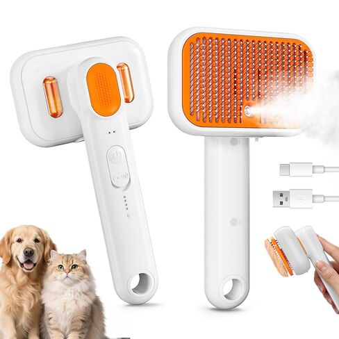 3-in-1 Pet Steam Brush: Rechargeable Grooming Tool with Gentle Mist Spray for Shedding Control, Self-Cleaning, 2-Speed, Waterproof, Safe Rounded Tips - For Dogs, Cats, Rabbits & All Coats in Saudi Arabia