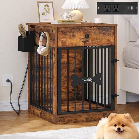 24'' Dog Crate Furniture with Charging Station, Dog Kennel Indoor with Flip-Top Storage, Wooden Pet Cage Dogs House End Side Table for Small Dogs Anti-Chew Anti-Escape, White Brown DFC90114B in Saudi Arabia